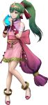  1girl bangs bare_shoulders bridal_gauntlets chiki crystal dress fire_emblem fire_emblem:_mystery_of_the_emblem fire_emblem_musou full_body green_eyes green_hair highres jewelry long_hair looking_away official_art pink_dress pointy_ears ponytail shoes short_dress smile solo tiara transparent_background 