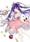  1girl absurdres birthday_cake bow breasts cake cleavage date_a_live doughnut dress food gloves highres long_hair looking_at_viewer macaron medium_breasts purple_hair smile violet_eyes yatogami_tooka 
