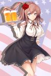  10s 1girl alcohol alternate_costume american_flag beer blue_eyes blush breasts brown_hair dress enchuu flag_background highres kantai_collection large_breasts long_hair long_sleeves looking_at_viewer meme_attire oktoberfest saratoga_(kantai_collection) side_ponytail smile solo tray virgin_killer_outfit 