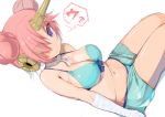  1girl bandage bandaged_arm berserker_of_black bikini blue_bikini blue_eyes breasts cleavage double_bun fate/apocrypha fate/grand_order fate_(series) frankenstein&#039;s_monster_(swimsuit_saber)_(fate) hair_over_one_eye horn large_breasts p_answer pink_hair shorts simple_background sitting solo swimsuit white_background 
