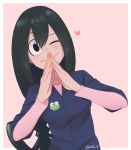  1girl :&gt; artist_name asui_tsuyu black_eyes black_hair blue_shirt blush boku_no_hero_academia casual commentary covering_mouth dress_shirt frog hand_over_own_mouth hands_together heart long_hair long_sleeves looking_at_viewer low-tied_long_hair one_eye_closed pink_background pink_shirt saku_(ladyfubuki) shirt simple_background solo upper_body 