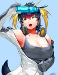  1girl 2017 ;o armpits bare_shoulders black_hair black_shirt blonde_hair blue_background bottle bottle_to_forehead breasts cleavage dated eyebrows_visible_through_hair hair_between_eyes happa_(cloverppd) headphones jacket kemono_friends large_breasts multicolored_hair object_on_head one_eye_closed open_clothes open_jacket orange_hair penguin_tail ramune redhead rockhopper_penguin_(kemono_friends) shirt short_hair signature solo upper_body white_jacket zipper 