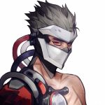  1boy armor cable covered_face cyborg ez_1011 face_mask genji_(overwatch) grey_hair helmet looking_at_viewer male_focus mask mechanical_arm overwatch plug red_eyes scar simple_background solo spiky_hair white_background 