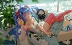  1girl :q ai-chan_(playstation) bangs blue_eyes blue_hair breasts bright_pupils camisole cat cleavage closed_mouth from_above game_console glint hair_ornament hair_scrunchie headphones highres horizon_zero_dawn long_hair nier_(series) nier_automata pink_legwear playstation playstation_controller scrunchie short_shorts shorts sitting small_breasts solo strap_slip thigh-highs tongue tongue_out twintails very_long_hair vofan 