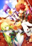  aisha_(elsword) anklet black_gloves bow bowtie clouds cloudy_sky day dutch_angle eating elbow_gloves elsword elsword_(character) eyebrows_visible_through_hair fingerless_gloves gloves green_eyes green_hair hair_between_eyes jewelry leaning_forward long_hair looking_at_viewer outdoors ponytail purple_hair purple_ribbon red_eyes redhead rena_(elsword) ribbon ribbon-trimmed_thighhighs short_sleeves sitting sky spiky_hair sun thigh-highs very_long_hair vilor violet_eyes white_gloves white_legwear yellow_bow yellow_bowtie 