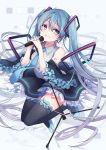 1girl detached_sleeves full_body grin hatsune_miku kuroi_(liar-player) long_hair microphone microphone_stand nail_polish necktie skirt smile solo thigh-highs twintails very_long_hair vocaloid 