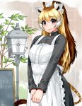 1girl 2017 alternate_costume apron blonde_hair blue_eyes blush brooch brown_hair chalkboard dated eyebrows_visible_through_hair giraffe_ears giraffe_horns giraffe_tail happa_(cloverppd) jewelry kemono_friends lamppost long_hair long_sleeves looking_at_viewer maid maid_apron maid_headdress multicolored_hair own_hands_together plant reticulated_giraffe_(kemono_friends) sash schatzkiste signature smile solo tail very_long_hair white_hair