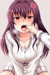  1girl anger_vein bangs blush breasts cleavage collarbone command_spell fate/grand_order fate_(series) highres large_breasts long_hair looking_at_viewer nishi_koutarou open_mouth purple_hair red_eyes ribbed_sweater saliva scathach_(fate/grand_order) sweater tongue tongue_out v_arms 
