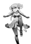  1girl animal_ears bikini breasts cleavage clenched_hands cowboy_shot dancing detached_sleeves elephant_ears elephant_tail greyscale highres indian_elephant_(kemono_friends) kemono_friends kishida_shiki knee_up long_hair looking_to_the_side monochrome navel outstretched_arms scarf simple_background smile solo spread_arms stomach swimsuit tail thigh-highs white_background 
