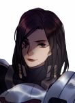  1girl armor black_bodysuit bodysuit brown_eyes brown_hair closed_mouth ez_1011 face facial_mark lipstick looking_at_viewer makeup medium_hair overwatch pharah_(overwatch) red_lipstick simple_background smile solo white_background 
