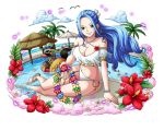  1girl anklet arm_support armlet barefoot bikini bird blue_hair bracelet breasts brown_eyes cleavage coller floating_hair flower groin hair_flower hair_ornament halterneck hibiscus jewelry large_breasts long_hair looking_at_viewer navel nefertari_vivi one_piece pool red_flower smile soaking_feet solo sunglasses sunglasses_on_head swimsuit transparent_background very_long_hair white_bikini white_flower 