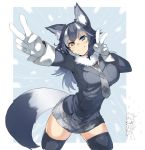  &gt;:) 2girls animal_ears bangs black_hair black_legwear blue_eyes blush breasts closed_mouth cowboy_shot double_v fur_collar ganesagi gloves grey_hair grey_skirt grey_wolf_(kemono_friends) heterochromia highres kemono_friends large_breasts long_hair long_sleeves looking_at_viewer miniskirt multicolored_hair multiple_girls necktie peeking plaid plaid_necktie reticulated_giraffe_(kemono_friends) skirt smile solo_focus tail thigh-highs two-tone_hair v white_gloves wolf_ears wolf_tail yellow_eyes 