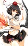 black_hair black_skirt black_wings breasts feathered_wings feathers groin hat hauchiwa highres large_breasts miniskirt open_mouth pointy_ears pom_pom_(clothes) raptor7 red_eyes shaded_face shameimaru_aya shirt short_hair short_sleeves skirt thighs tokin_hat touhou white_shirt wind wind_lift wings 