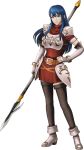  1girl armor bangs belt blue_eyes blue_hair boots breastplate dress elbow_gloves fingerless_gloves fire_emblem fire_emblem:_mystery_of_the_emblem fire_emblem_musou full_body gloves hand_on_hip highres holding holding_weapon long_hair looking_at_viewer official_art polearm sheeda short_dress short_sleeves shoulder_armor shoulder_pads smile solo spear thigh-highs transparent_background weapon zettai_ryouiki 