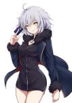  1girl black_dress cowboy_shot credit_card dress fate/grand_order fate_(series) fur_trim jacket jeanne_alter looking_at_viewer open_clothes open_jacket parted_lips ruler_(fate/apocrypha) shiunnkaku short_dress short_hair silver_hair solo yellow_eyes 