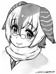  1girl 2017 blush campo_flicker_(kemono_friends) dated eyebrows_visible_through_hair glasses greyscale hair_between_eyes happa_(cloverppd) head_wings kemono_friends looking_at_viewer monochrome multicolored_hair necktie pince-nez scarf signature simple_background smile solo upper_body white_background 