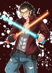  1boy black_hair denim dual_wielding energy_sword gloves highres holding holding_weapon jacket male_focus nintendo_switch no_more_heroes solo sunglasses sunglasses_on_head sword travis_touchdown weapon 