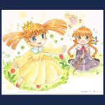  2girls :d :o blue_eyes blush brown_eyes brown_hair clover crown dated dress flower graphite_(medium) grass irukuku kneeling kukuri looking_at_another mahoujin_guruguru multiple_girls open_mouth outdoors outstretched_arms popurieru red_shoes shoes short_twintails smile staff traditional_media twintails watercolor_pencil_(medium) yellow_dress 