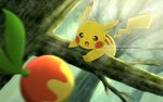  berry_(pokemon) blurry branch brown_eyes commentary_request day fuyu_(utngrtn) in_tree looking_down open_mouth outdoors pikachu pokemon tongue tree twitter_username watermark 
