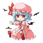  1girl angry ascot bat bat_wings blue_hair blush_stickers bow brooch chibi closed_mouth dress flower frown full_body hat jewelry lowres mob_cap outstretched_hand pink_dress puffy_short_sleeves puffy_sleeves red_ascot red_bow red_eyes red_shoes remilia_scarlet rose shoes short_hair short_sleeves simple_background sindre sitting solo touhou white_background wings wrist_cuffs 