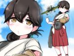  10s 1girl a5m aircraft airplane black_hair brown_eyes cowboy_shot dougi flight_deck folded_ponytail gloves hakama_skirt highres japanese_clothes kantai_collection kasuga_maru_(kantai_collection) long_hair red_skirt saku_(sengetsudo) skirt solo taiyou_(kantai_collection) 