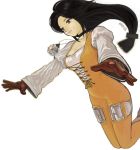  1girl belt belt_buckle black_hair black_neckwear black_ribbon bodysuit breasts brown_eyes brown_gloves buckle choker cleavage closed_mouth collarbone expressionless eyebrows facing_away final_fantasy final_fantasy_ix floating_hair garnet_til_alexandros_xvii gloves jewelry juliet_sleeves lips long_hair long_sleeves looking_away low-tied_long_hair medium_breasts moiko necklace orange_bodysuit outstretched_arms pink_lips puffy_long_sleeves puffy_sleeves ribbon signature simple_background solo very_long_hair white_background white_belt 