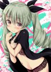  1girl anchovy artist_name black_cape black_ribbon cape closed_mouth drill_hair girls_und_panzer green_hair hair_ribbon long_hair looking_at_viewer navel pink_eyes ribbon saz_(sazin764) smile solo twin_drills twintails underwear 