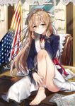  1girl :o american_flag bangs boots brown_hair character_name dress eyebrows_visible_through_hair flag flush girls_frontline gloves gloves_removed green_eyes hair_between_eyes hand_in_hair hand_up highres indoors jacket leaning_forward leg_up lips long_hair looking_at_viewer m1903_springfield_(girls_frontline) meoneo military military_uniform nail_polish open_clothes open_jacket shoes_removed sitting solo sparkle uniform white_background white_dress 