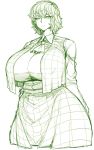  1girl ascot breasts commentary commentary_request cowboy_shot dress_shirt frown highres huge_breasts kazami_yuuka looking_at_viewer monochrome plaid plaid_skirt plaid_vest shirt short_hair skirt solo space_jin touhou vest white_background 