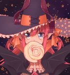  1girl bat blue_eyes blush candy covering_mouth earrings elizabeth_bathory_(halloween)_(fate) fate/grand_order fate_(series) food hair_ribbon hat high_collar highres horns jewelry lancer_(fate/extra_ccc) lollipop looking_at_viewer mozu_(teluto) pink_hair pointy_ears ribbon sky solo star star_(sky) star_print starry_sky two_side_up upper_body witch_hat 