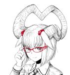  1girl adjusting_eyewear asymmetrical_horns bangs blunt_bangs bob_cut closed_mouth commentary_request expressionless glasses greyscale hand_up horns jacket jaco long_sleeves looking_at_viewer monochrome original red-framed_eyewear short_hair simple_background solo spot_color white_background 