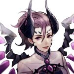  1girl crystal devil_mercy ez_1011 gem hair_between_eyes horns lips lipstick looking_at_viewer makeup medium_hair mercy_(overwatch) overwatch parted_lips ponytail purple_hair red_lipstick shirt simple_background smile solo violet_eyes white_background white_shirt wings 