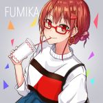  1girl character_name drinking earrings highres jewelry looking_at_viewer okutomi_fumi original red-framed_eyewear red_eyes redhead shirt short_hair solo white_shirt 