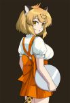 1girl alternate_costume animal_ears anna_miller blonde_hair blush breasts iwahana jaguar_(kemono_friends) jaguar_ears jaguar_tail kemono_friends large_breasts looking_at_viewer looking_back open_mouth orange_skirt short_hair short_sleeves simple_background skirt solo tail tray waitress 