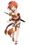  1girl bikini character_request feet flower full_body hair_flower hair_ornament index_finger_raised leaning_forward looking_at_viewer official_art open_mouth orange_hair sandals scrunchie sheath sheathed solo swimsuit sword sword_art_online thigh_strap toes weapon wrist_scrunchie yellow_eyes 