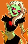  1girl :d cowboy_shot crop_top gloves green_skin head_tilt heart illogicalvoid looking_at_viewer lord_dominator navel open_mouth orange_background pauldrons pink_sclera pointy_ears round_teeth shoulder_spikes side_slit signature skirt smile solo spikes teeth wander_over_yonder white_hair 