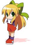 1girl :&gt; arms_behind_back bangs blonde_hair blue_shirt blush chibi closed_mouth commentary_request dress eyebrows_visible_through_hair full_body green_eyes green_ribbon hair_between_eyes hair_ribbon long_sleeves looking_at_viewer osaragi_mitama ponytail red_dress red_shoes ribbon rockman rockman_(classic) roll shadow shirt shoes sidelocks smile solo standing turtleneck turtleneck_dress undershirt white_background 