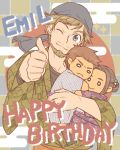  1boy bandanna beard blonde_hair blue_eyes character_doll character_name checkered checkered_background egasumi emil_nekola facial_hair happy_birthday japanese_clothes kimono male_focus michele_crispino one_eye_closed sara_crispino smile snowchild thumbs_up yukata yuri!!!_on_ice 