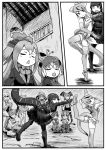  6+girls :d animal_ears ass ballet blazer boots character_request circlet closed_eyes closed_mouth comic crossover dancing elbow_gloves frilled_lizard_(kemono_friends) gloves godzilla godzilla_(series) golden_snub-nosed_monkey_(kemono_friends) greyscale hair_ornament hairband head_wings highres hood hood_up jacket kemono_friends king_cobra_(kemono_friends) kishida_shiki leaning_forward leg_up leotard long_hair long_sleeves looking_at_another monkey_ears monkey_tail monochrome multiple_girls open_mouth personification ponytail seiza shin_godzilla short_hair silent_comic sitting skirt smile standing standing_on_one_leg tail thigh-highs thigh_boots triangle_mouth 