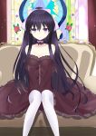  1girl absurdres blank_stare bow breasts choker cleavage date_a_live dress highres long_hair looking_at_viewer medium_breasts pantyhose purple_hair sitting violet_eyes yatogami_tooka 