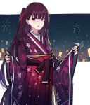  1girl :o bangs blunt_bangs blush echj eyebrows_visible_through_hair fireworks floral_print girls_frontline hair_ribbon hakama japanese_clothes kimono long_hair long_sleeves looking_at_viewer obi one_side_up open_mouth purple_hair red_eyes ribbon sash sketch sky solo star_(sky) starry_sky upper_body very_long_hair wa2000_(girls_frontline) wide_sleeves 