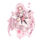  1girl boots bridal_veil detached_sleeves dress elsword eve_(elsword) full_body gloves grey_boots grey_dress grey_gloves head_tilt long_hair pink_eyes pink_hair simple_background solo strapless strapless_dress thigh-highs thigh_boots veil very_long_hair vilor white_background 