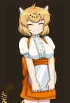  1girl ^_^ alternate_costume animal_ears anna_miller blonde_hair blush breasts closed_eyes grin iwahana jaguar_(kemono_friends) jaguar_ears jaguar_tail kemono_friends large_breasts orange_skirt short_hair short_sleeves simple_background skirt smile solo tail tray waitress 