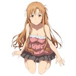  1girl asuna_(sao) bare_shoulders blush breasts brown_eyes brown_hair cleavage highres long_hair looking_at_viewer messy_hair official_art smile strap_slip sword_art_online:_memory_defrag transparent_background 