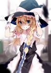  1girl apron arms_up asuzemu bangs blonde_hair blue_bow blue_eyes blurry blurry_background blush bow braid eyebrows_visible_through_hair frilled_shirt_collar frills grin hair_between_eyes hair_bow hands_on_headwear hat hat_bow highres indoors kirisame_marisa looking_at_viewer parted_lips puffy_short_sleeves puffy_sleeves ribbon-trimmed_sleeves ribbon_trim short_sleeves side_braid single_braid smile solo teeth touhou waist_apron white_apron white_bow window witch_hat 