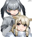  2017 2girls armor black_hair blonde_hair brown_eyes collared_shirt dated drill_hair extra_ears eyebrows_visible_through_hair gloves gradient_hair green_eyes grey_gloves grey_hair grey_shirt hand_in_hair happa_(cloverppd) head_wings kemono_friends multicolored_hair multiple_girls ponytail rhinoceros_ears shirt shoebill_(kemono_friends) short_sleeves signature smile twin_drills white_background white_rhinoceros_(kemono_friends) 