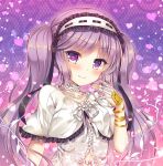  1girl blush bracelet capelet dress eyebrows_visible_through_hair fate/grand_order fate/hollow_ataraxia fate_(series) hairband heart jewelry lolita_hairband long_hair purple_hair smile solo stheno suzune_rena twintails violet_eyes white_dress 
