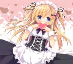  1girl apron black_ribbon black_skirt blonde_hair blue_eyes blush bow breasts closed_mouth commentary_request dutch_angle eyebrows_visible_through_hair frilled_apron frilled_shirt frills gift hair_between_eyes hair_bow hair_ornament hair_ribbon hairclip heart heart-shaped_box holding holding_gift long_hair looking_at_viewer maid maid_headdress original puffy_short_sleeves puffy_sleeves purinko purple_bow ribbon shirt short_sleeves skirt small_breasts smile solo sparkle two_side_up underbust valentine very_long_hair waist_apron white_apron white_background white_shirt wrist_cuffs 