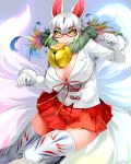  1girl animal_ears artist_name bell bell_collar blonde_hair blue_hair breasts cleavage collar dated facial_mark food_in_mouth fox_ears fox_tail fur_trim glasses gloves green_hair happa_(cloverppd) kemono_friends kyuubi kyuubi_(kemono_friends) large_breasts miniskirt multicolored_hair multiple_tails pink_hair pleated_skirt purple_hair sandals skirt solo tail thigh-highs white_hair yellow_eyes 