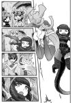  &gt;_&lt; 5girls :d @_@ animal_ears antlers bikini_top boots character_request clapping closed_eyes comic crossover dancing elephant_ears elephant_tail extra_ears flying_sweatdrops gloves godzilla godzilla_(series) greyscale hairband highres indian_elephant_(kemono_friends) indoors jumping kemono_friends kishida_shiki monochrome multiple_girls necktie open_mouth personification scarf shin_godzilla shirt short_hair silent_comic skirt sleeveless sleeveless_shirt smile tail thigh-highs thigh_boots 